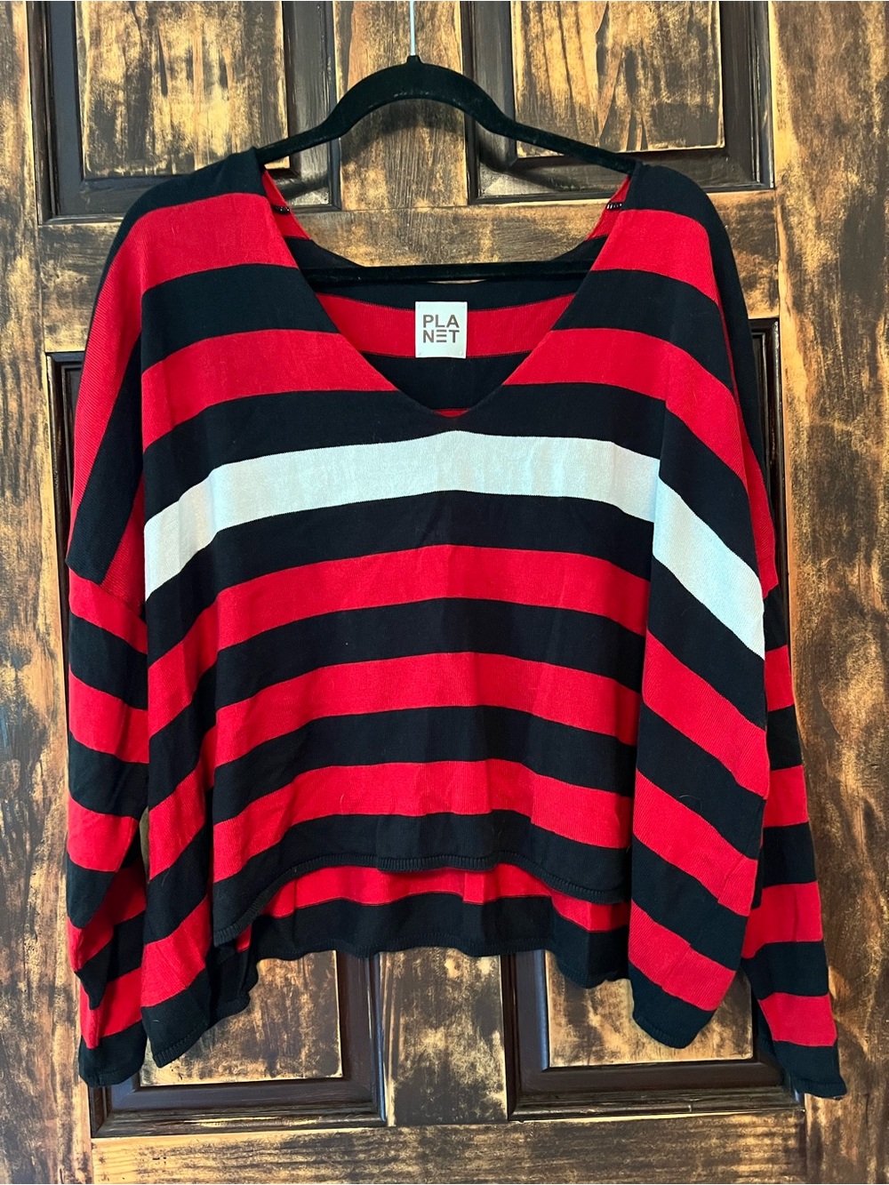 Planet Red & Black Striped V-Neck Sweater